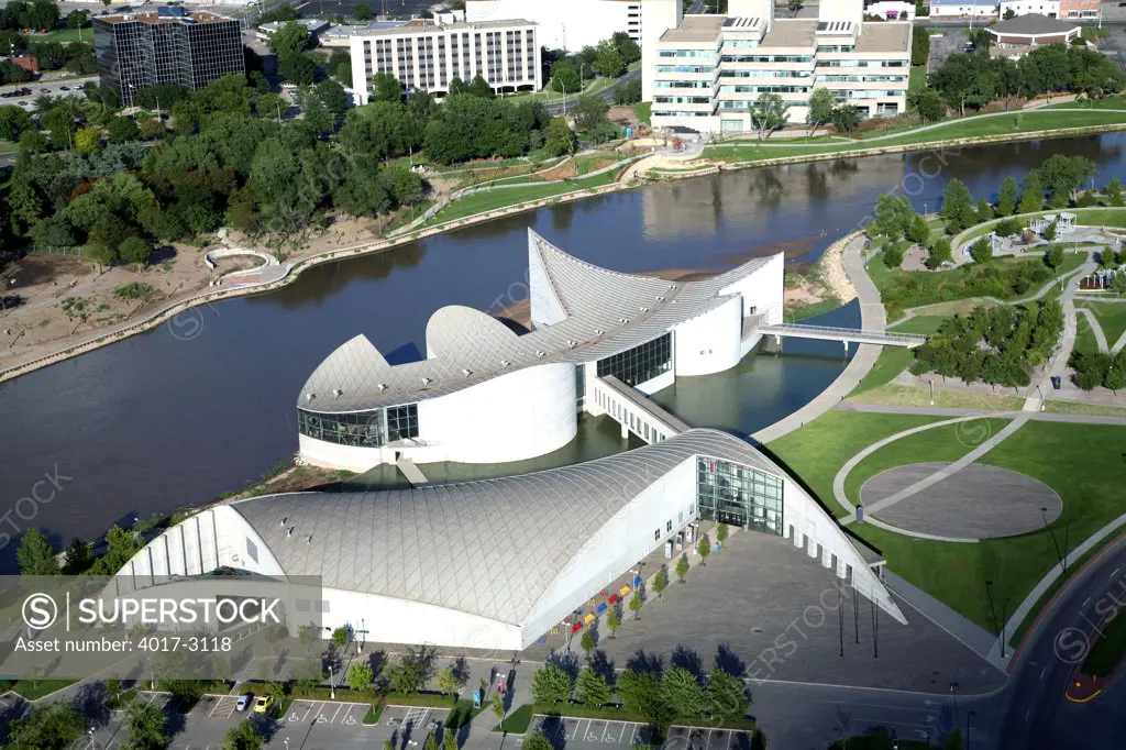 Aerial view of science museum, Exploration Place, Arkansas River, Wichita, Kansas, USA