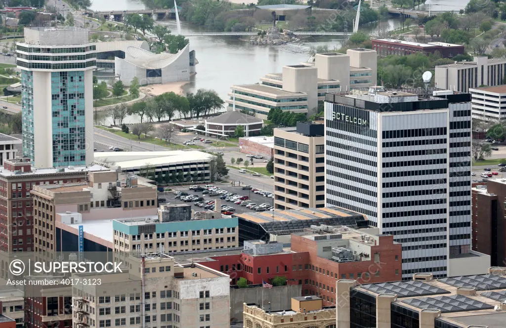 Aerial view of buildings with the Arkansas River in the background, Wichita, Kansas, USA