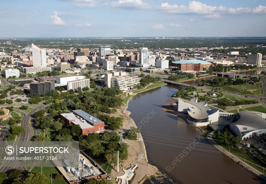 Aerial view of buildings in a city, Exploration Place, Arkansas River, Wichita, Kansas, USA
