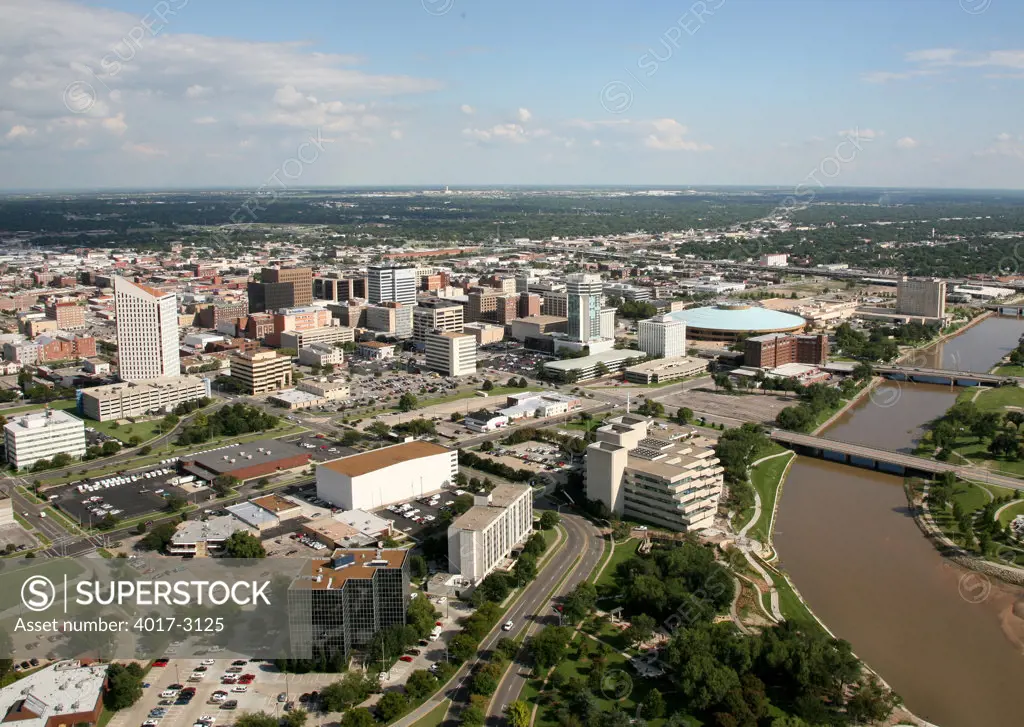 Aerial view of buildings in a city, Arkansas River, Wichita, Kansas, USA