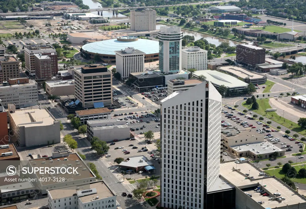 Aerial view of buildings in a city, Epic Center, Century II Convention Hall, Wichita, Kansas, USA