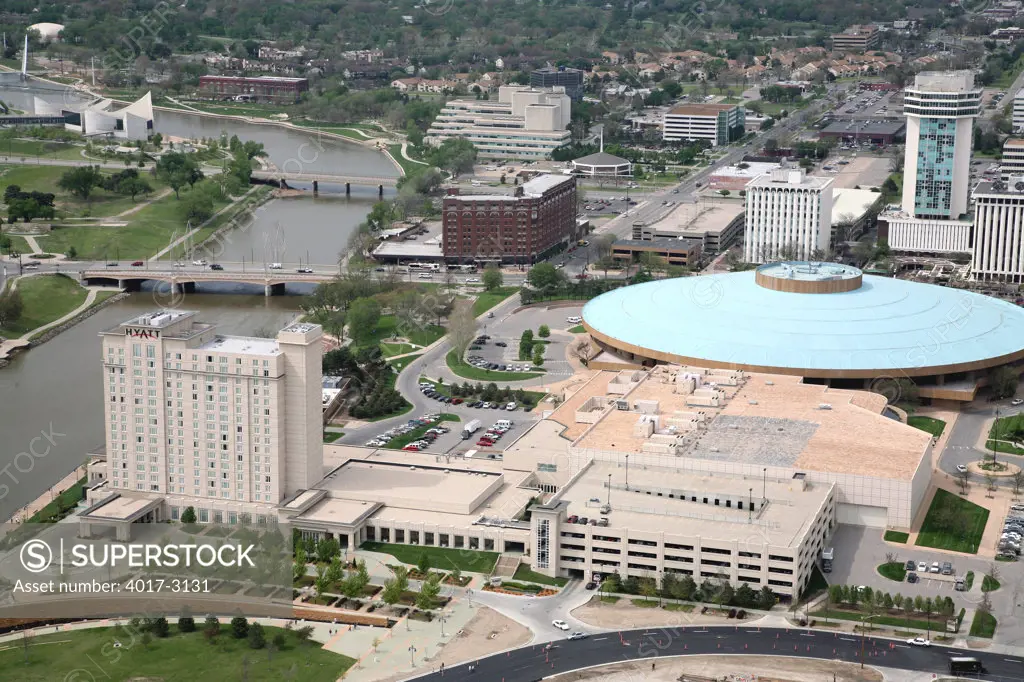 Aerial view of Century II Convention Hall and Arkansas River, Wichita, Kansas, USA