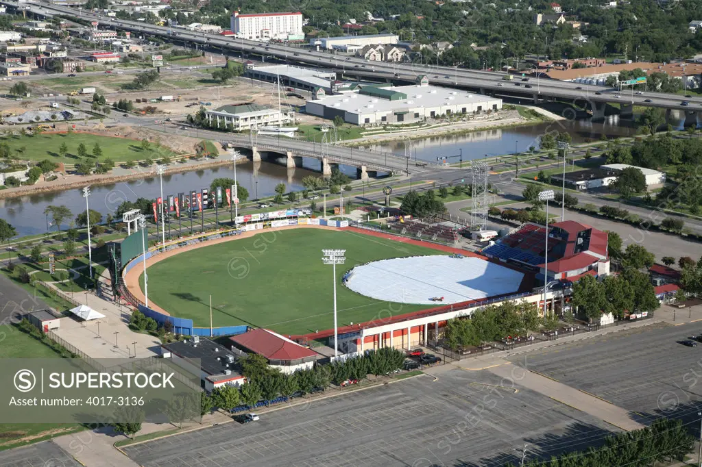 Aerial view of a stadium, Lawrence-Dumont Stadium, Arkansas River, Wichita, Kansas, USA
