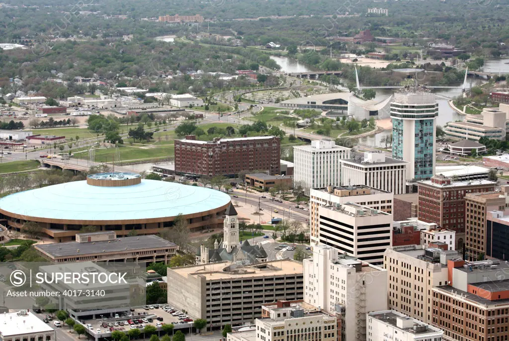 Aerial view of buildings in a city, Century II Convention Hall, Wichita, Kansas, USA