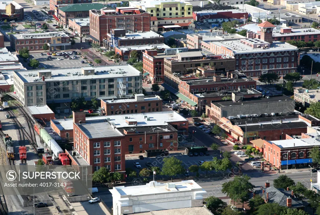 Aerial view of buildings in a city, Great Plains Transportation Museum, Wichita, Kansas, USA