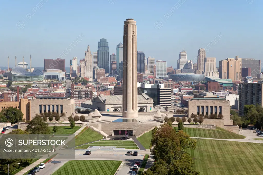 Aerial view of downtown Kansas City with the Liberty Memorial in foreground, Missouri, USA