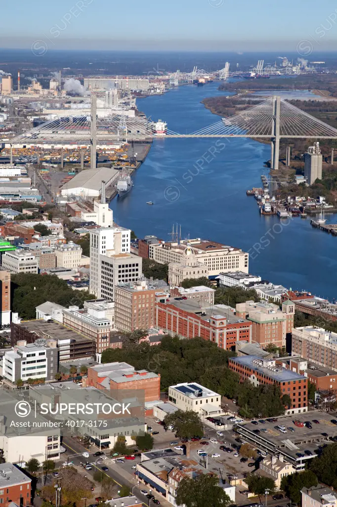 USA, Georgia, Savannah, Aerial of Downtown along Savannah River
