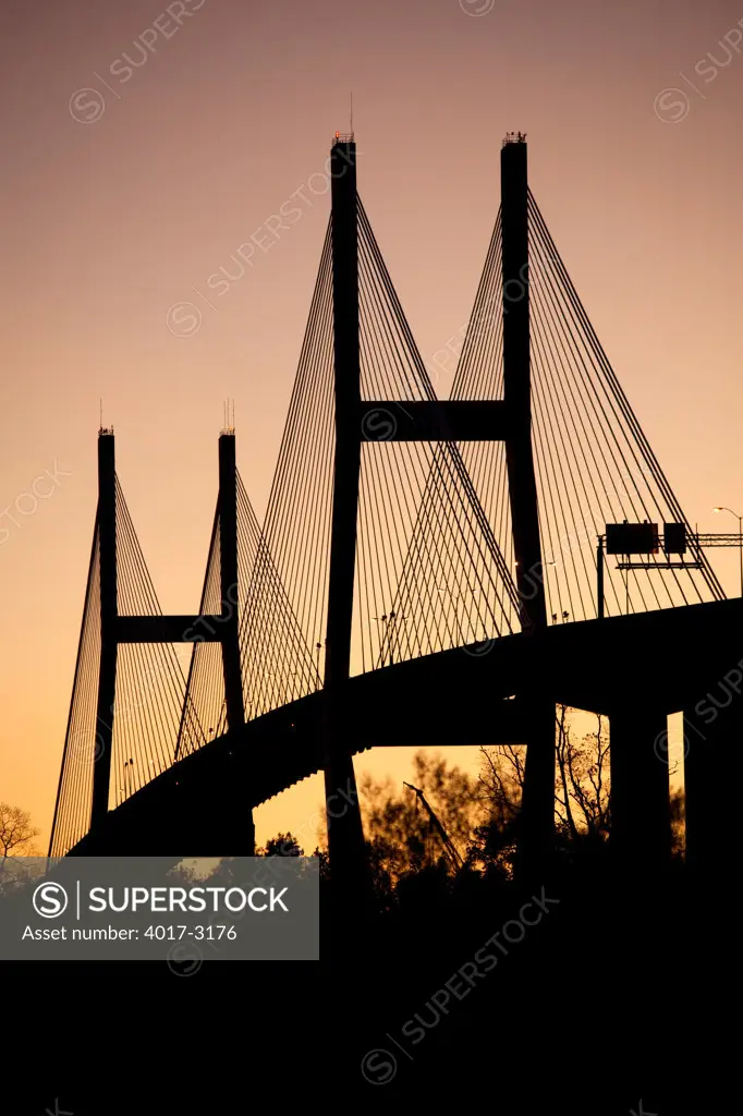 USA, Georgia, Savannah, Silhouette of Talmadge Memorial Bridge at sunset
