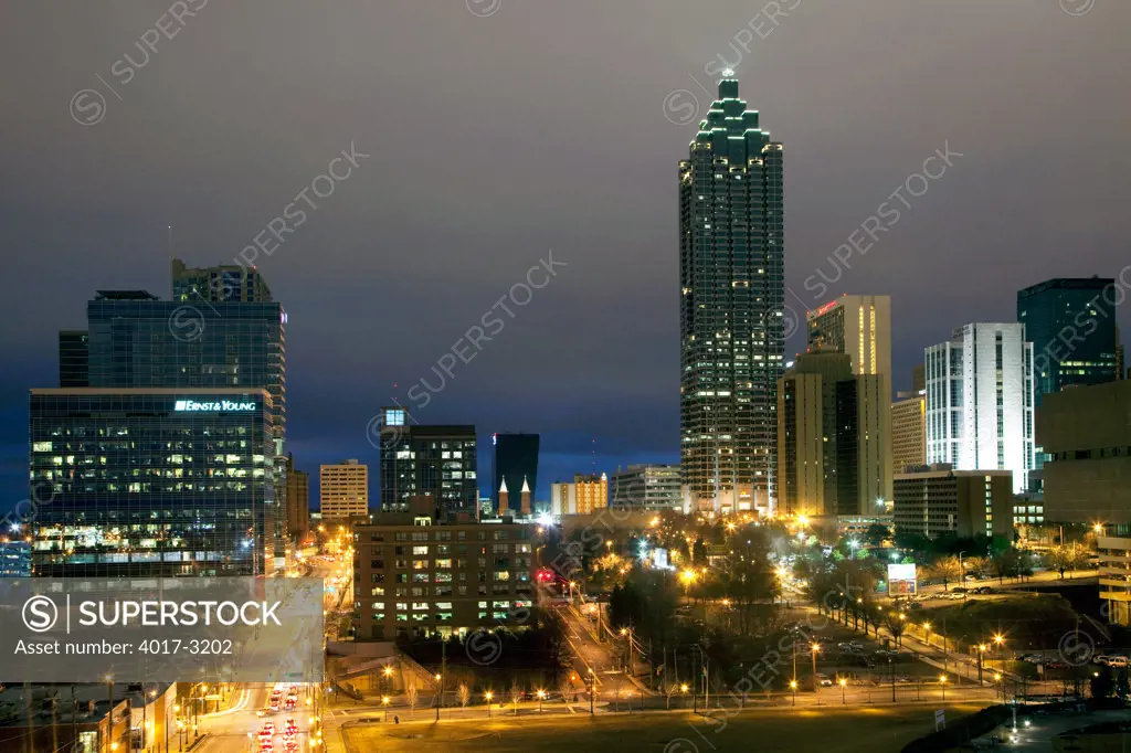 SunTrust Plaza towers over Downtown Atlanta at dusk, Atlanta, Georgia, USA