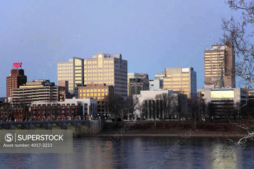 Downtown skyline of Harrisburg with Market Street Bridge over the Susquehanna River, Dauphin County, Pennsylvania, USA