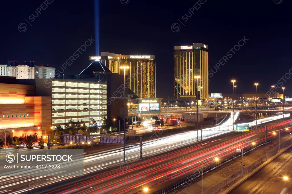 Interstate 15 near Las Vegas Strip with Mandalay Bay and Luxor Casinos visible, Las Vegas, Clark County, Nevada, USA