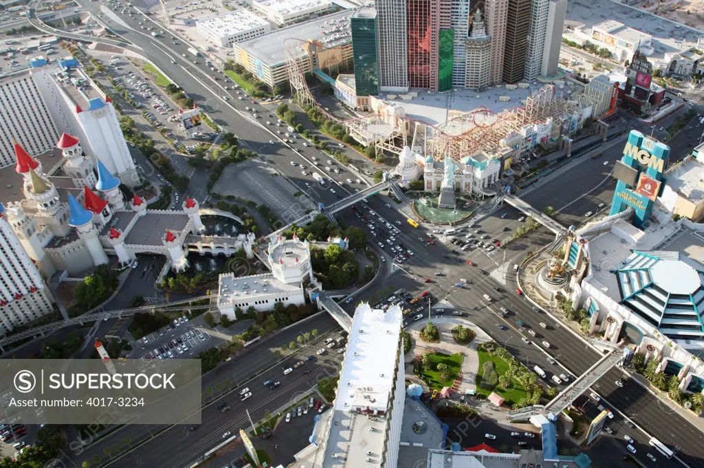 Aerial view of Las Vegas Boulevard and Tropicana Avenue on The Strip, Las Vegas, Clark County, Nevada, USA