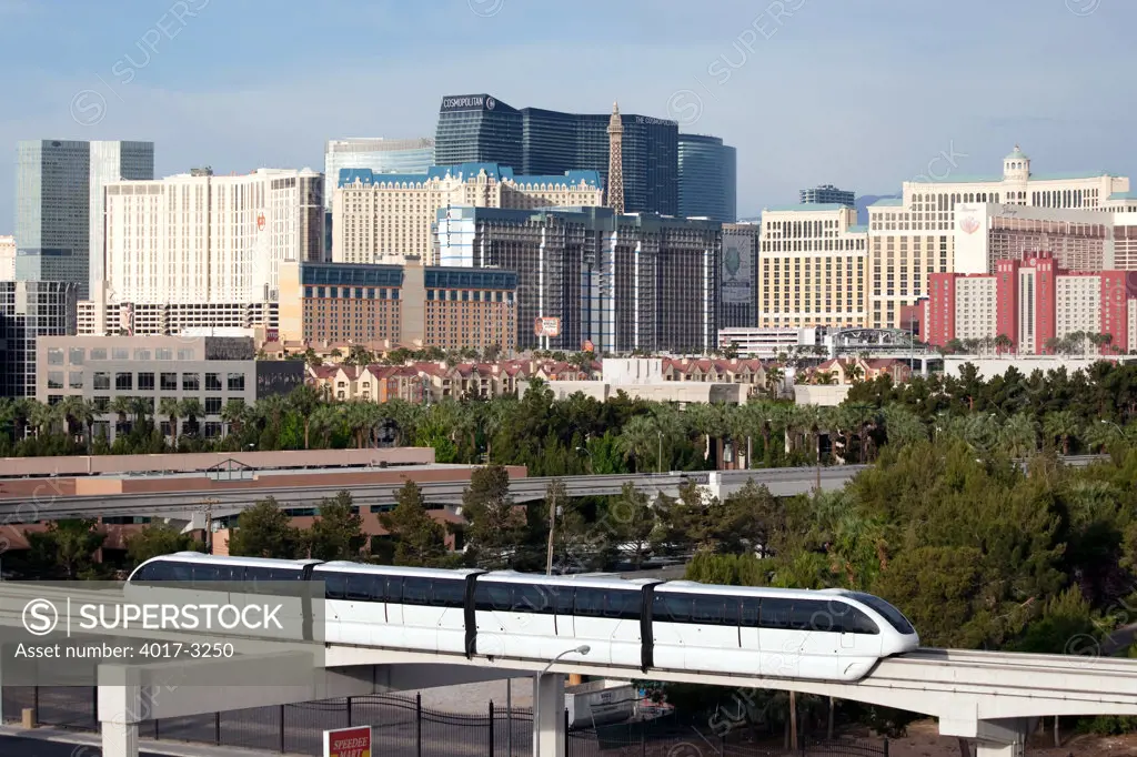 Las Vegas Monorail leaving the Strip and heading toward the convention center, Las Vegas, Clark County, Nevada, USA