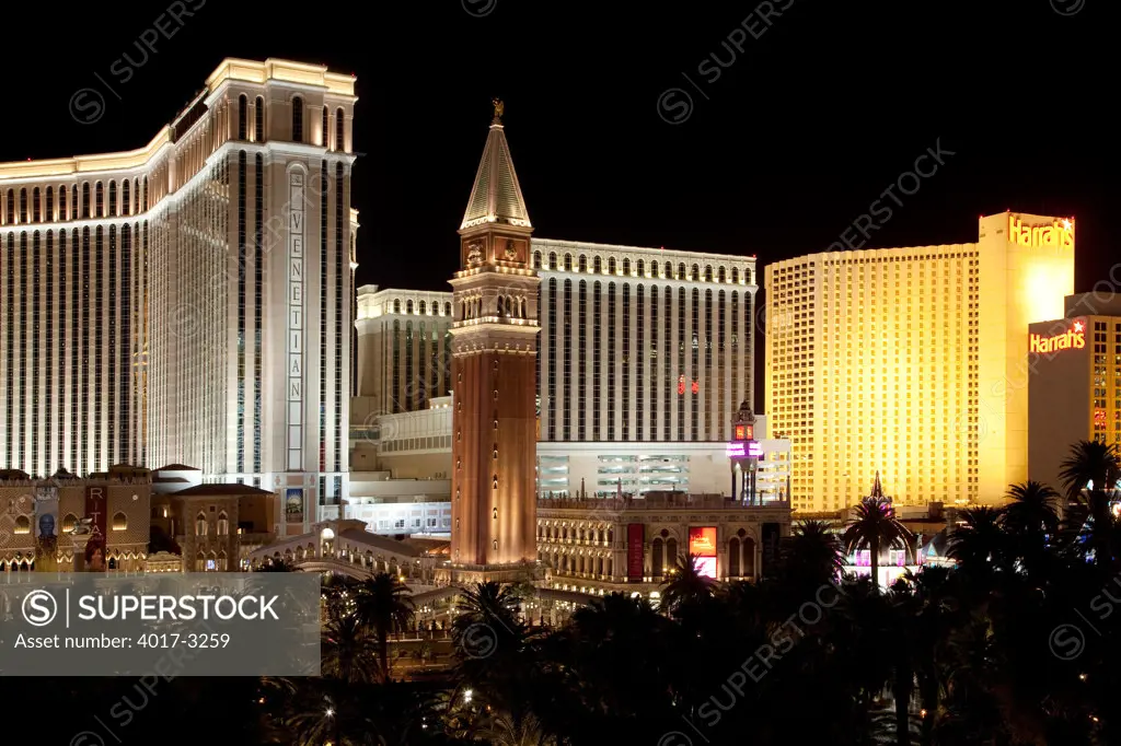 The Venetian and Harrah's on the Las Vegas Strip at night, Las Vegas, Clark County, Nevada, USA