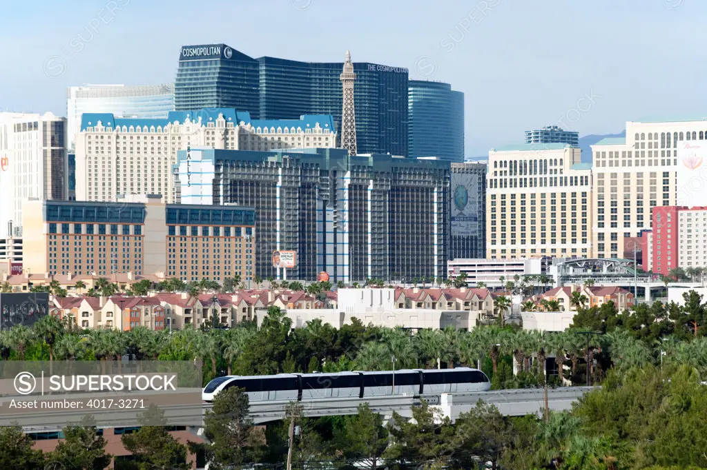 Las Vegas Monorail with the Vegas Strip in background, Las Vegas, Clark County, Nevada, USA