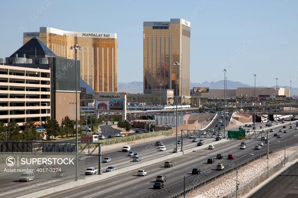 Interstate 15 near Las Vegas Strip with Mandalay Bay and Luxor Hotel, Las Vegas, Clark County, Nevada, USA