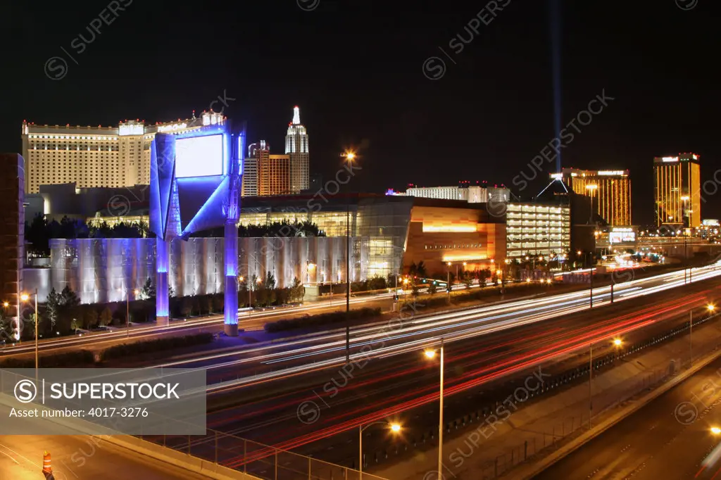 Night shot of Interstate 15 near the Las Vegas Strip with Mandalay Bay, New York, Monte Carlo and Luxor Casinos, Las Vegas, Clark County, Nevada, USA