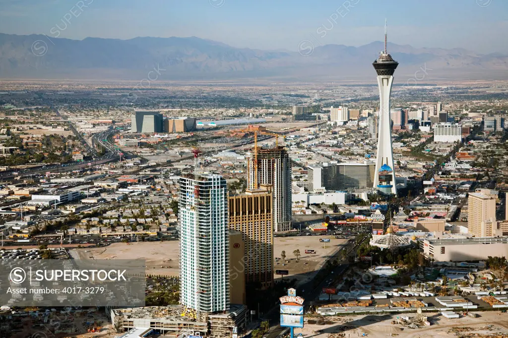 Aerial view of The Stratosphere and other towers over the northern section of the Las Vegas Strip and Downtown Las Vegas, Las Vegas, Clark County, Nevada, USA