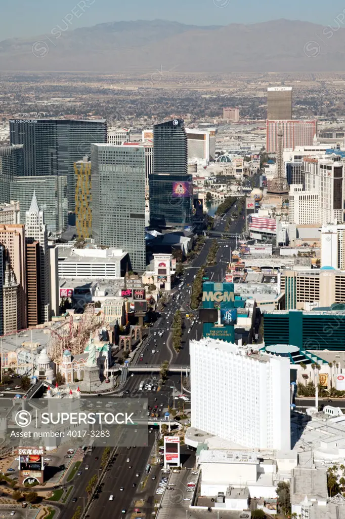 Aerial view of hotels and casinos on the Las Vegas Strip, Las Vegas, Clark County, Nevada, USA