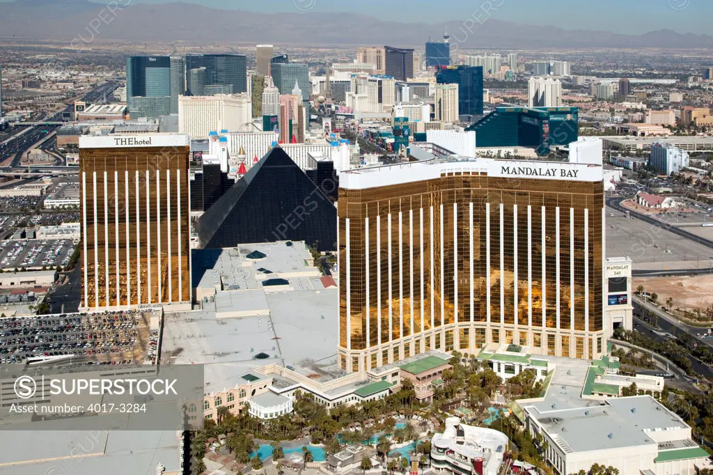 Aerial view of skyline of Las Vegas Strip, Las Vegas, Clark County, Nevada, USA