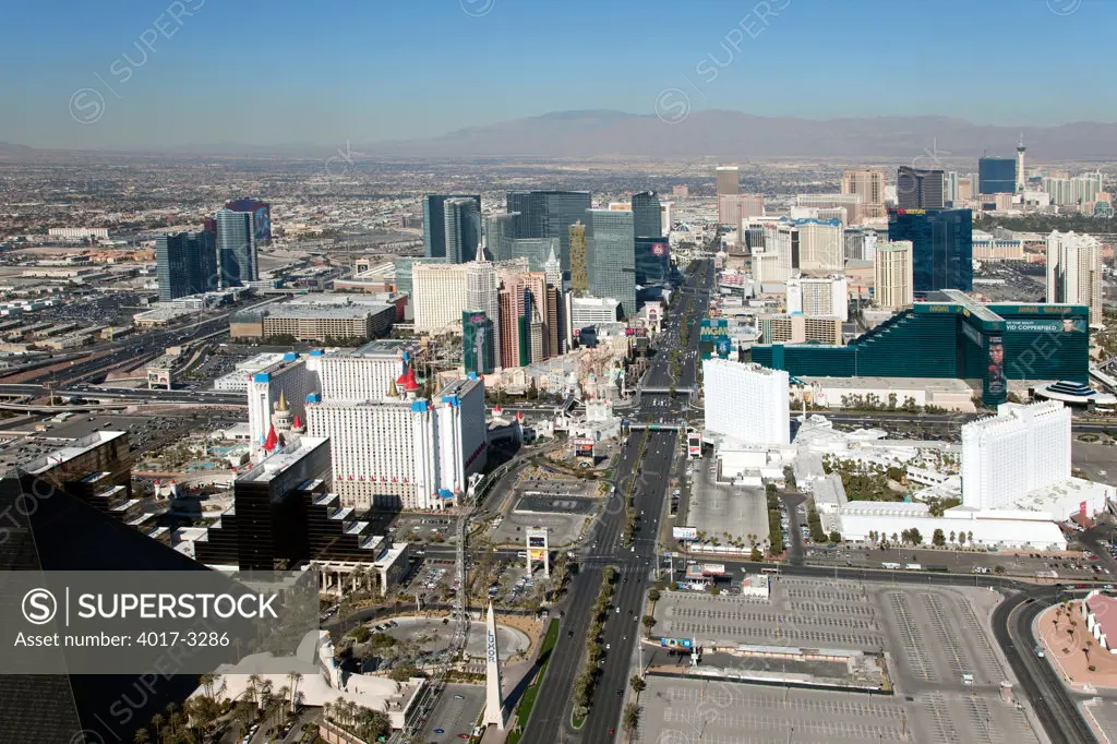 Aerial view of skyscrapers of Las Vegas Boulevard Looking North, Las Vegas, Clark County, Nevada, USA