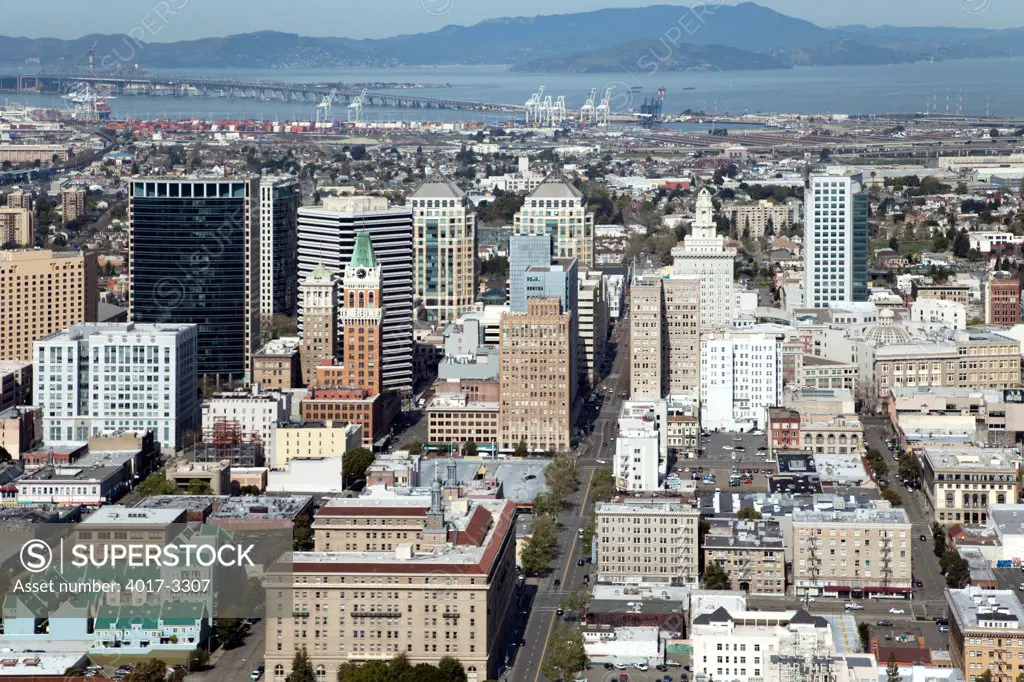Aerial of Downtown Oakland, California looking down 14th Street