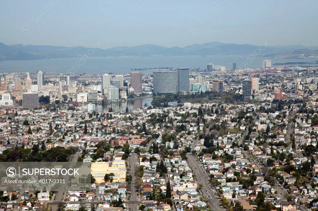 Aerial of Cleveland Heights, Oakland, California with the Downtown Skyline