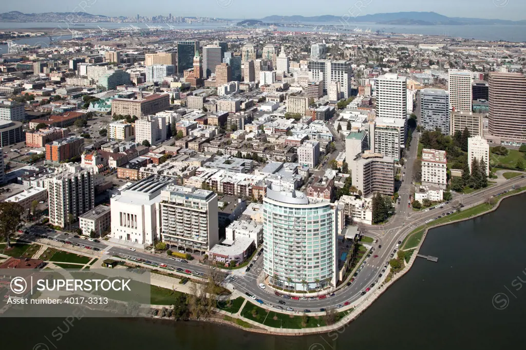 Aerial of Lakeside along Lake Merritt in Downtown Oakland, California
