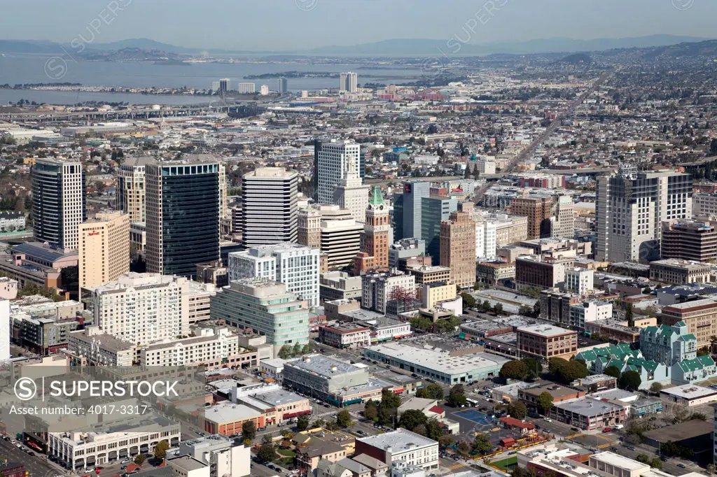 Downtown Oakland, California Aerial with the San Francisco Bay in the Background