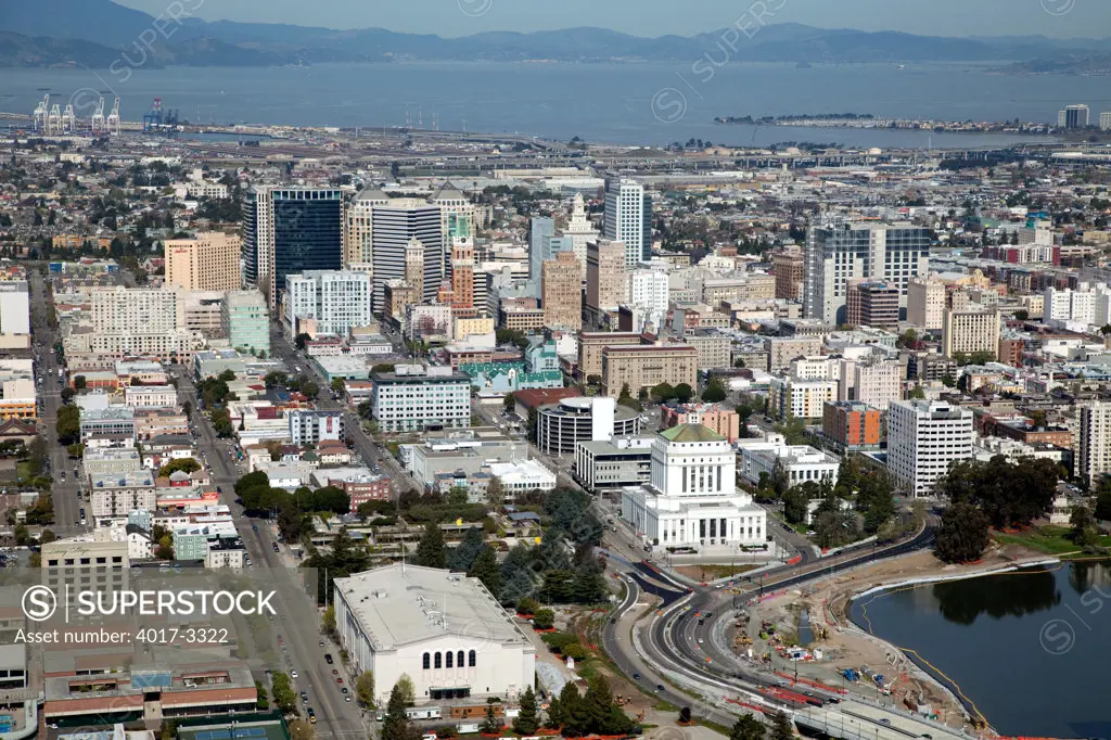 Aerial of Downtown Oakland, California with the San Francisco Bay