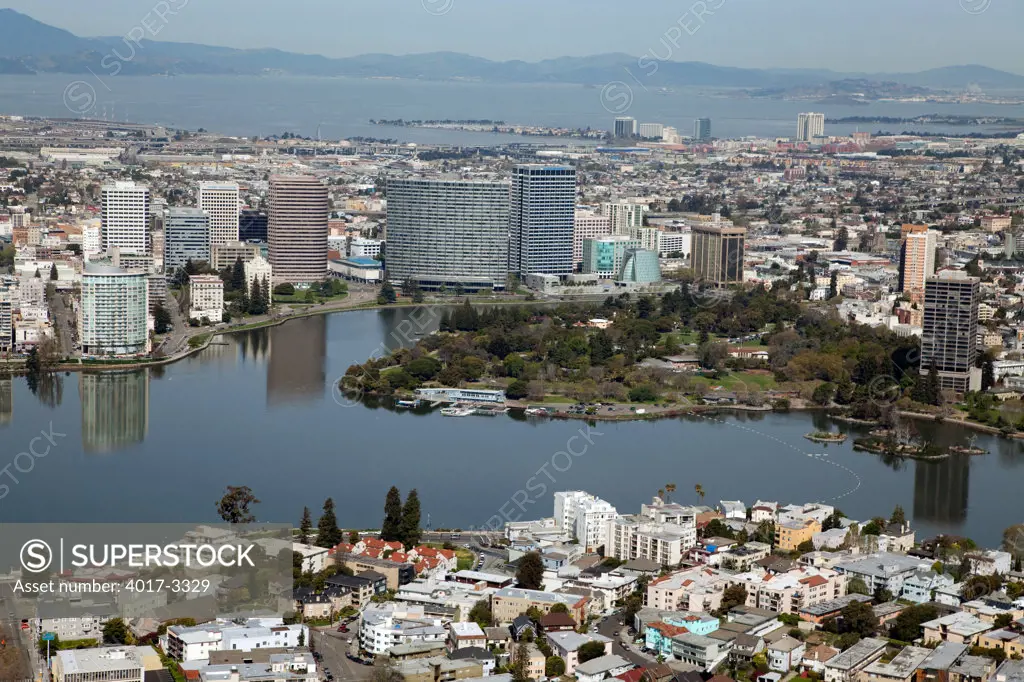 Aerial of Downtown Oakland, California with Lake Merritt and the San Francisco Bay