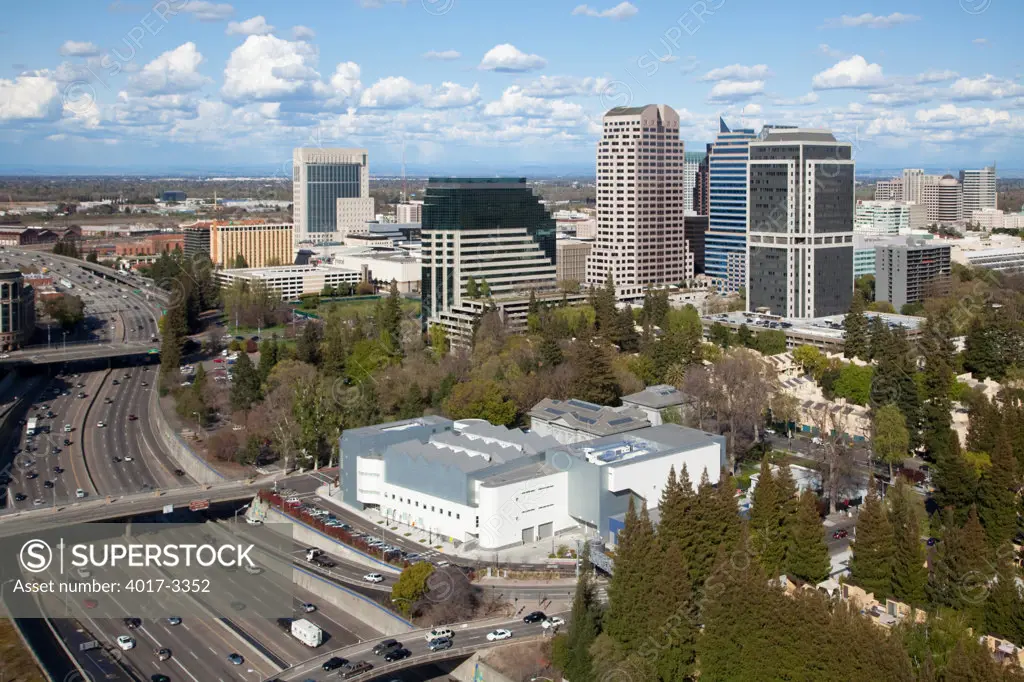 Aerial of the Downtown Skyline of Sacramento with the Crocker Art Museum in foreground