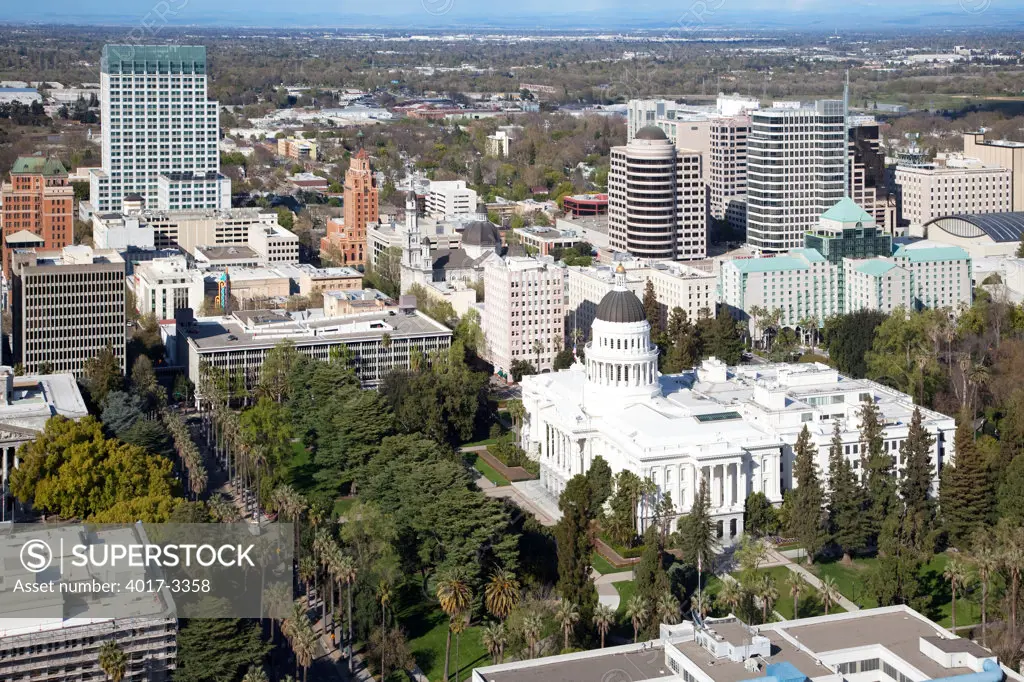 Aerial of the State Capitol Building in Downtown Sacramento, California
