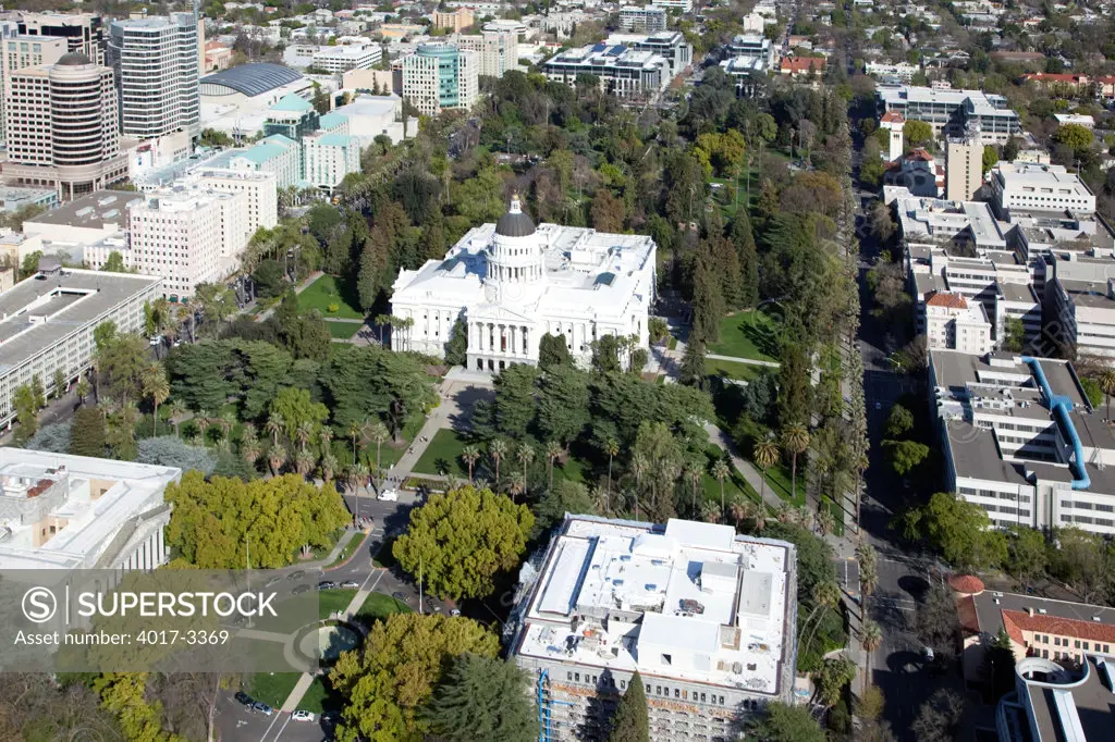 Aerial of the State Capitol Building in Downtown Sacramento, California
