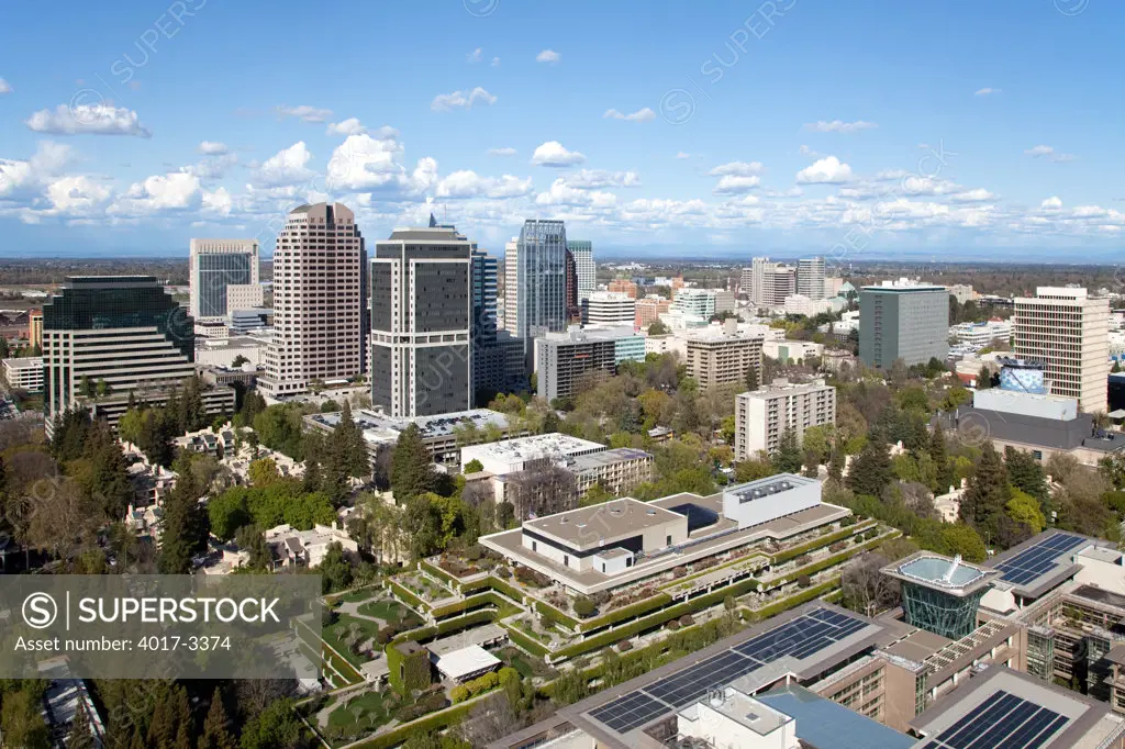 Aerial of the Downtown Skyline of Sacramento, California with CalPERS offices in foreground