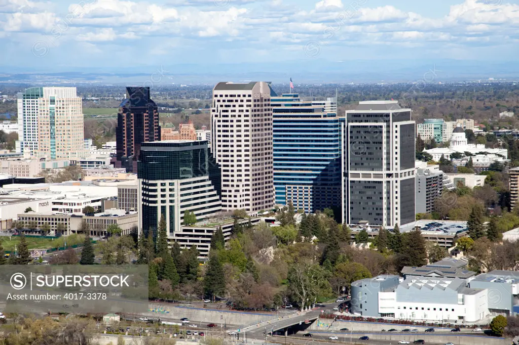 Aerial of the Downtown Skyline of Sacramento, California