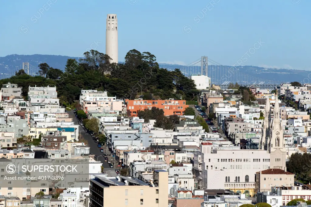 Coit Tower in Pioneer Park with the North Beach and Telegraph Hill Neighborhoods, San Francisco, CA