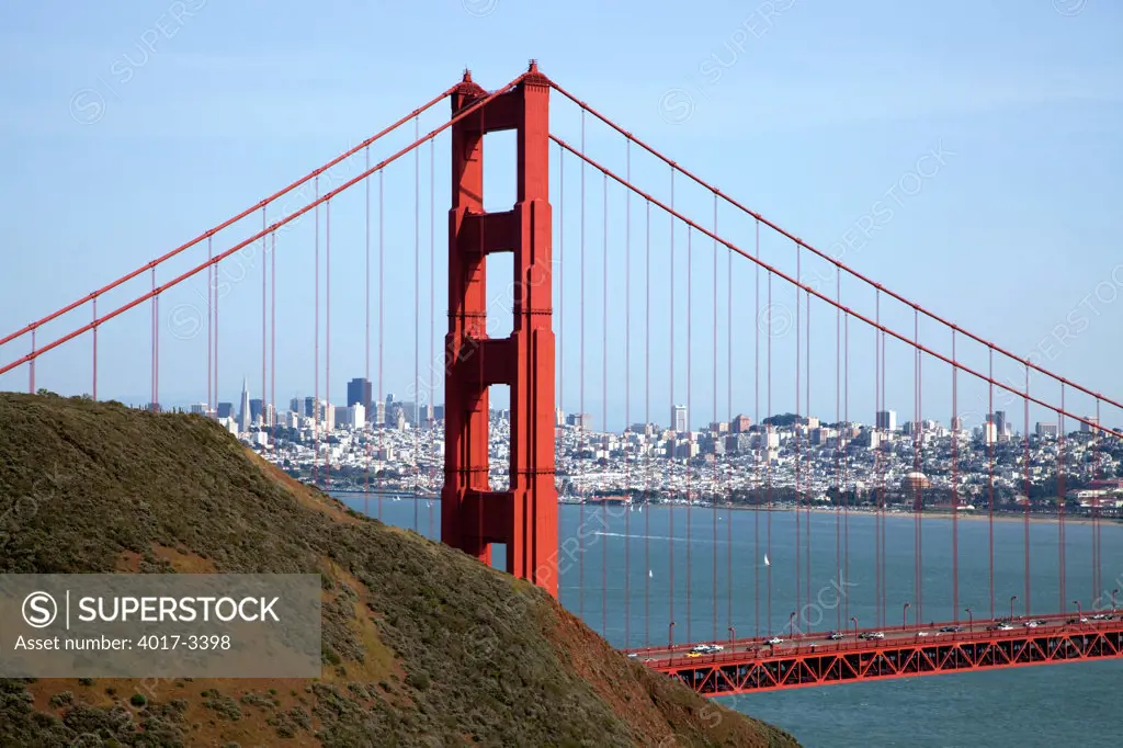 The Golden Gate Bridge with downtown San Francisco in distance