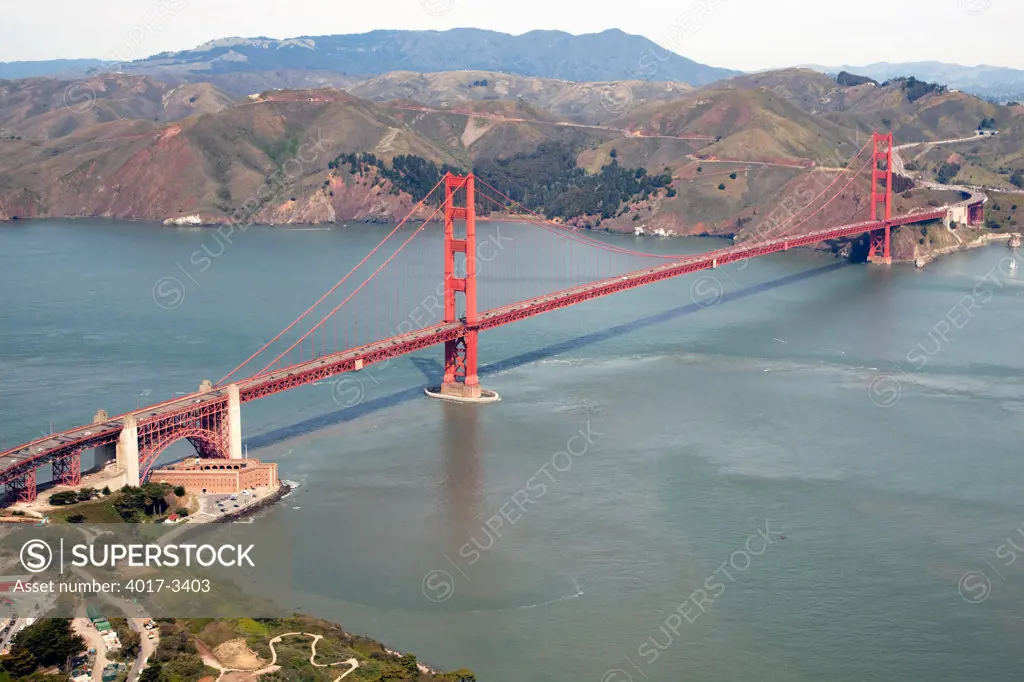 Aerial of The Golden Gate Bridge connecting San Francisco Bay to the Pacific Ocean