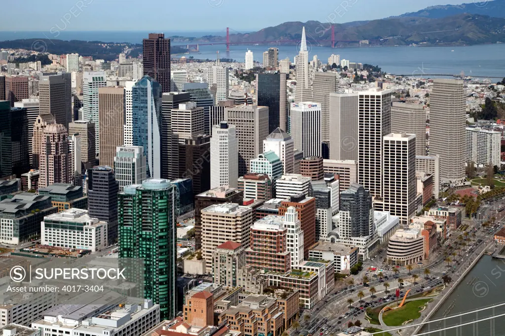 Aerial of the Downtown San Francisco Skyline with the Golden Gate Bridge in distance