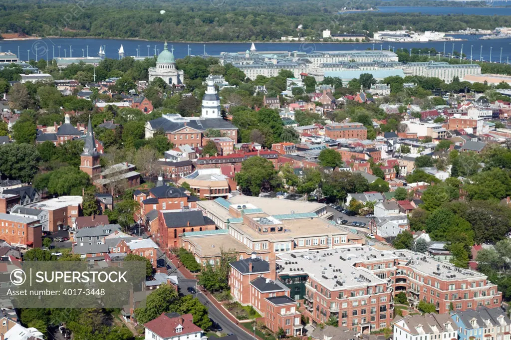 Aerial of Downtown Annapolis south of the Severn River