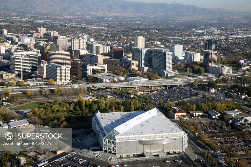 Aerial of the HP Pavilion at San Jose Arena with Downtown San Jose, California in the Background