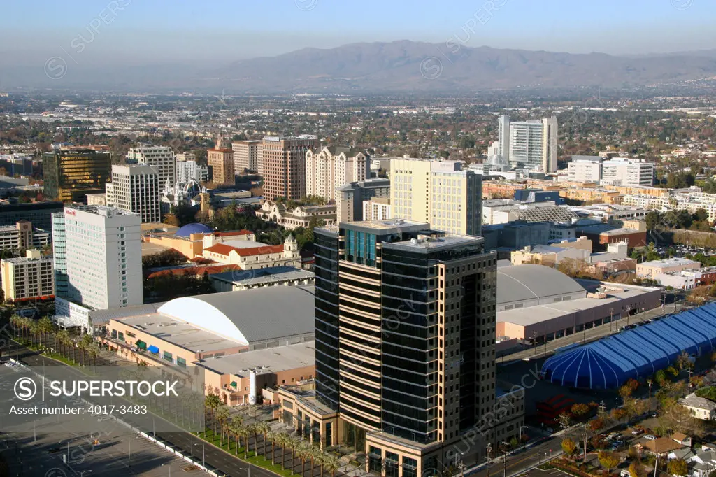 Aerial of the Almaden Farmers Market with the San Jose Covention Center in Downtown San Jose, California