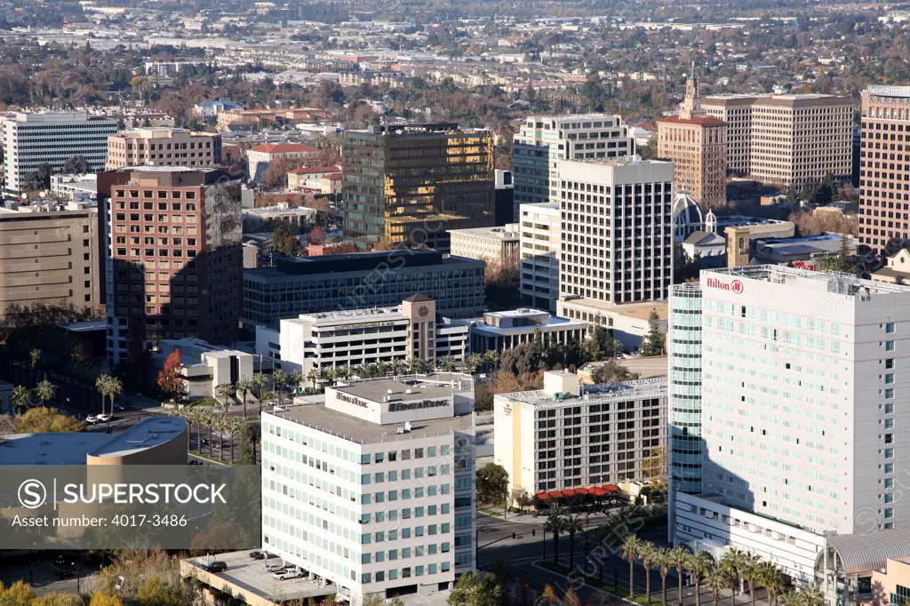 Aerial of the Hilton Hotel in Downtown San Jose, California