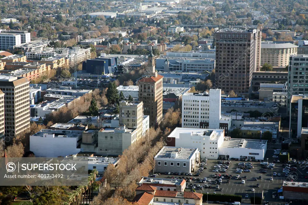 Aerial looking down 1st Street in Downtown San Jose, California