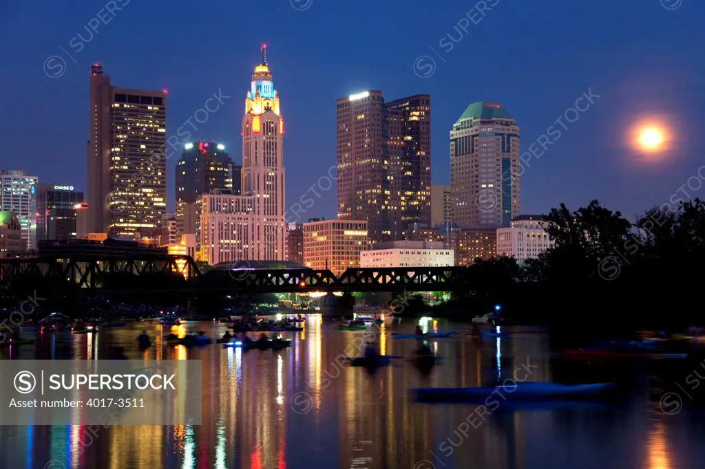 Downtown Skyline of Columbus, Ohio from the Scioto River at dusk
