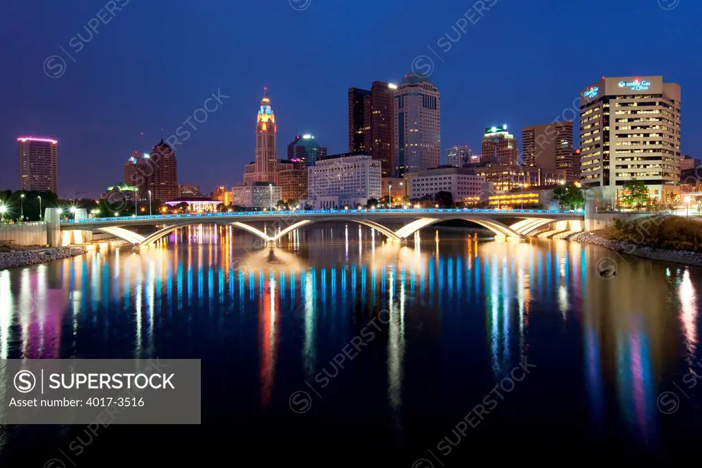 Downtown Skyline of Columbus, Ohio with the National Road Bridge over the Scioto River in the foreground