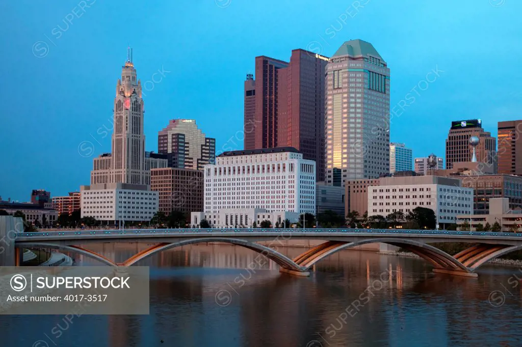 Downtown Skyline of Columbus, Ohio with the National Road Bridge over the Scioto River in the foreground
