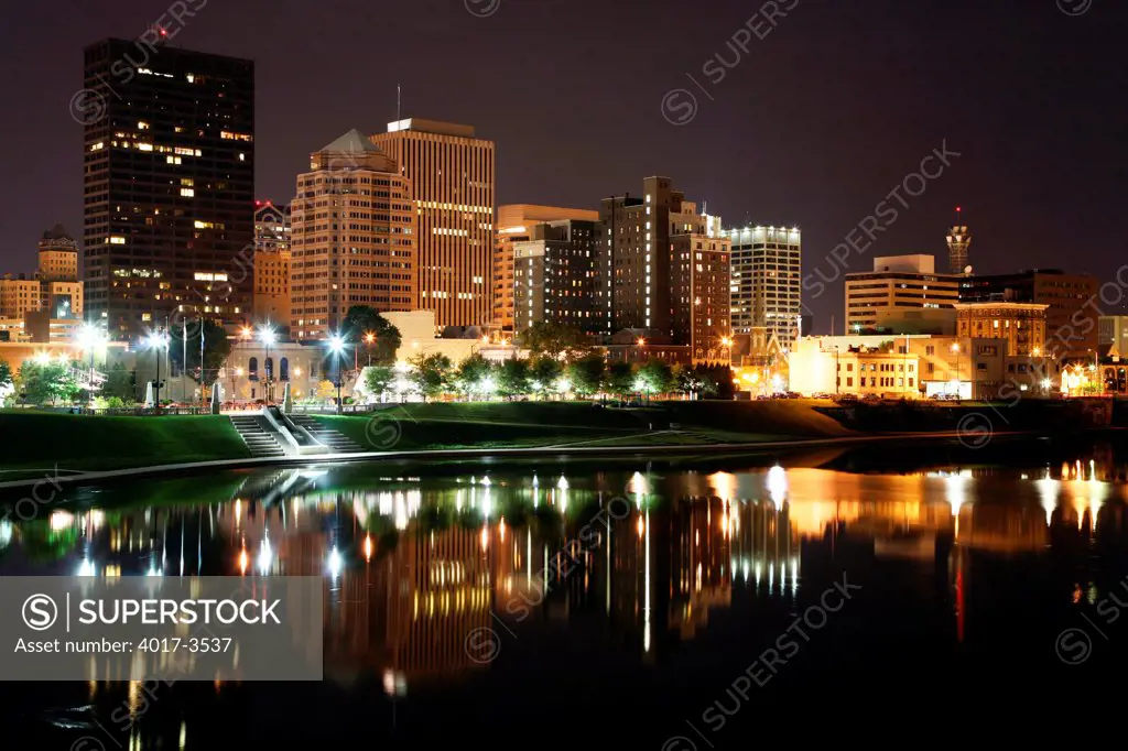 Downtown Dayton, Ohio Skyline from across the Great Miami River at Night