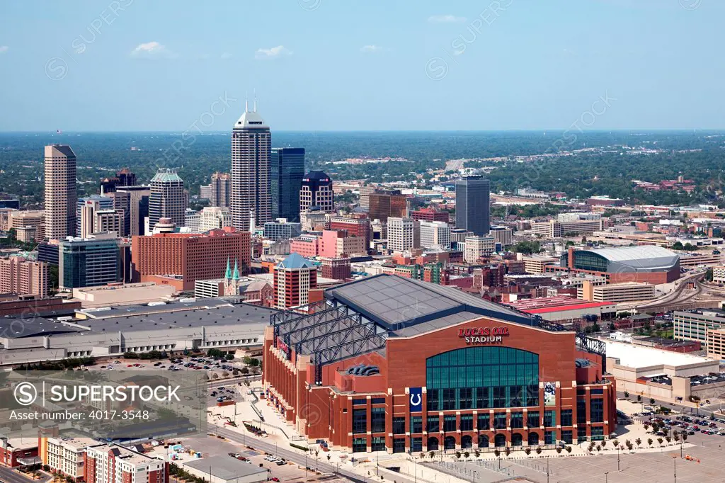 Aerial of Downtown Indianapolis, Indiana with Lucas Oil Stadium in the Foreground